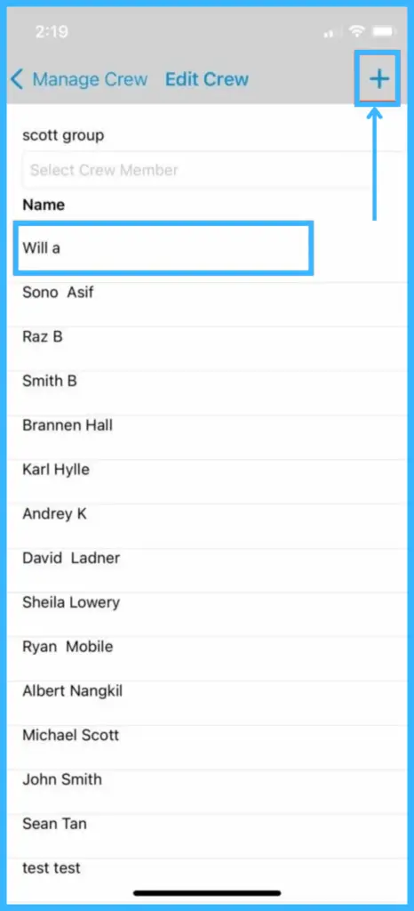 The Edit Crew page with search and the (+) button