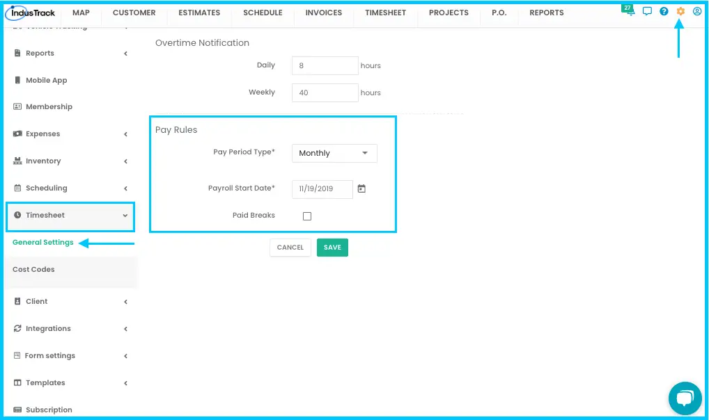 The pay period setting under Settings > Timesheet > General Settings > Pay Rules