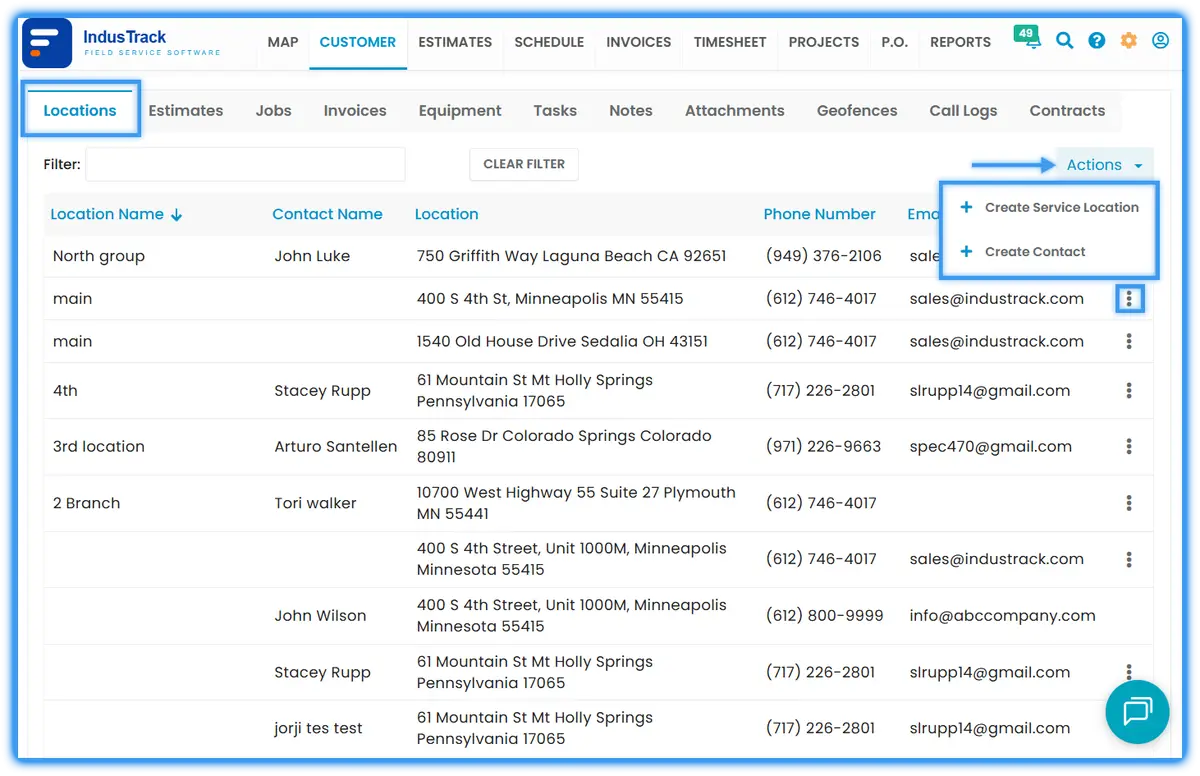 The Location tab with the customer's service locations