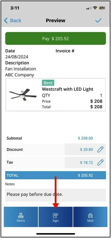 The Sign button on the invoice