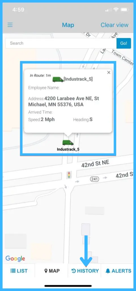 Vehicle details: assigned employee, location, arrival time, speed and direction