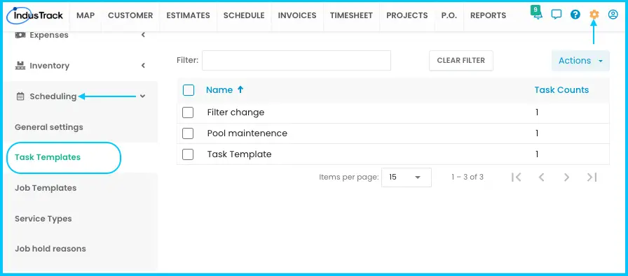 Settings > Scheduling menu with Task Templates selected