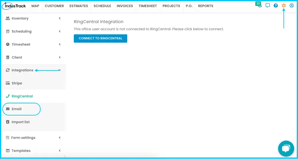 The Emails page under Settings > Integrations, with Sign in with Google, Office 365 and Other SMTP Connection