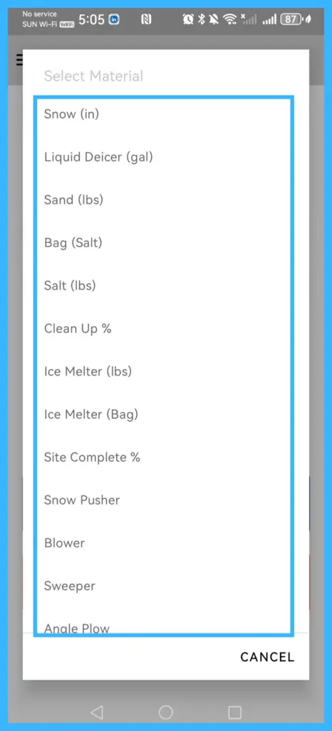 The Add Material page with the list of materials
