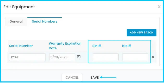 The Bin # and Isle # fields and the Save button on an equipment record