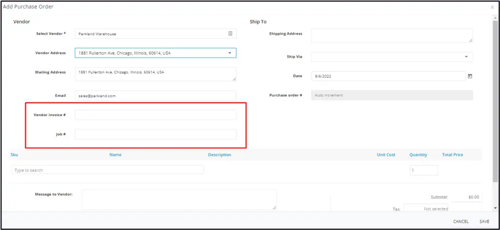 Linking a purchase order to a customer job in the Job # field