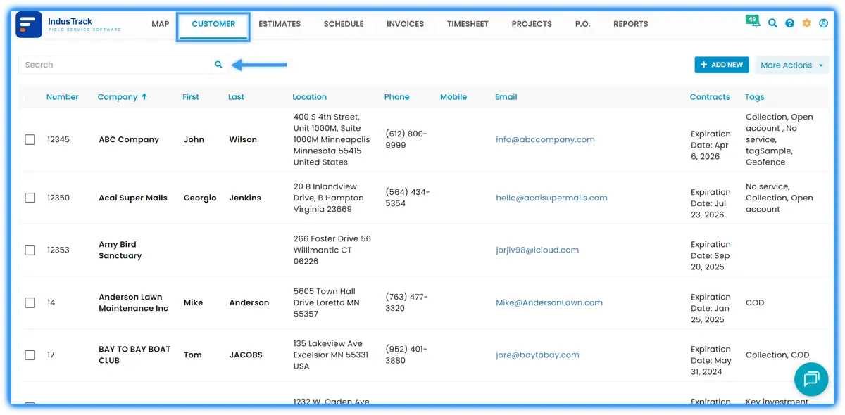 The customer list with the search bar