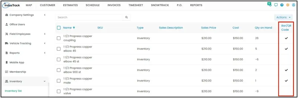 The Barcode/QR Code column in the Inventory list
