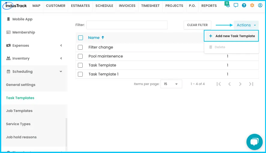 The Actions menu on the Task Templates page with + Add New Task Template