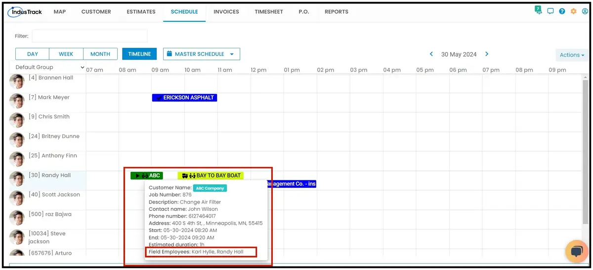 All assigned field employees shown when hovering over a job in Timeline View