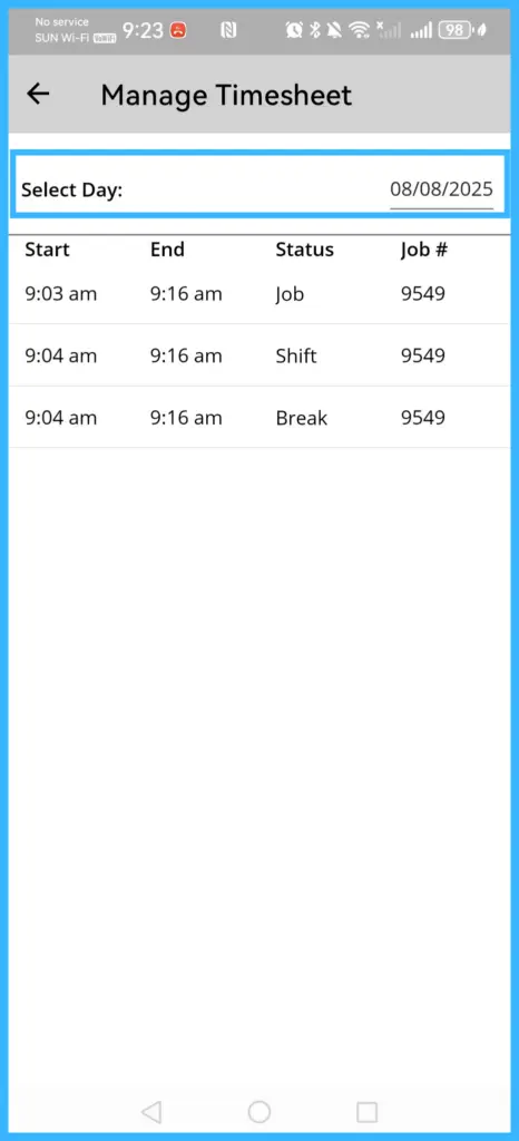 The Manage Timesheet page with Select Day