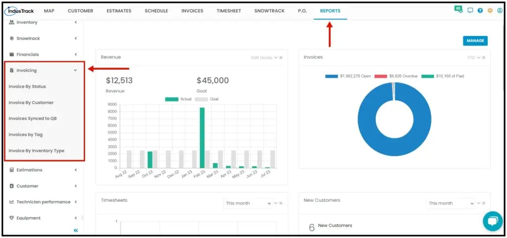 The Invoicing reports drop-down