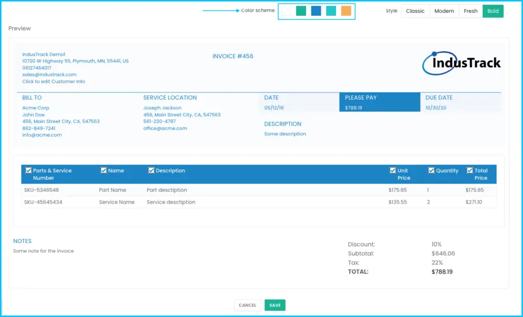 Color Scheme options in the Invoice Template Builder