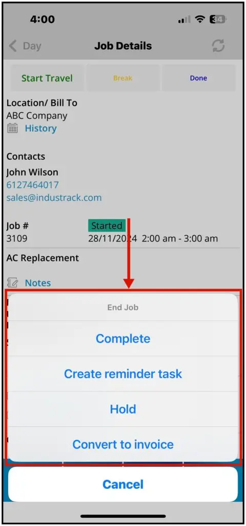 The Done options: Complete, Create Reminder Task, Hold and Convert to Invoice