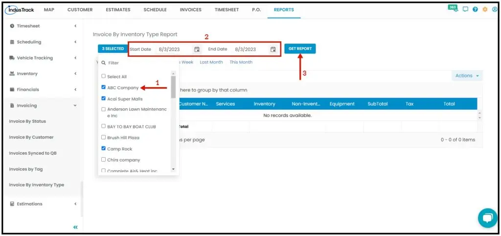 Choosing customers and dates for Invoice By Inventory Type