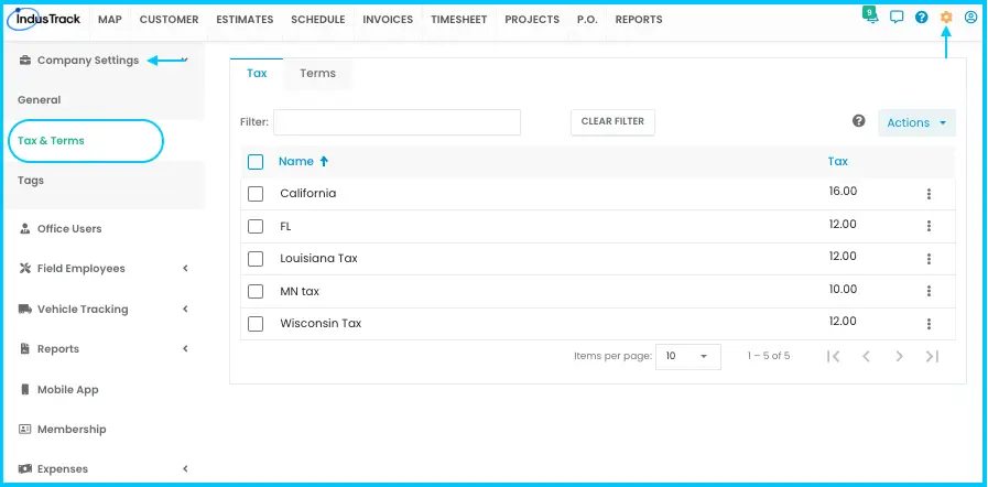 The Tax page under Settings > Company Settings > Tax & Terms