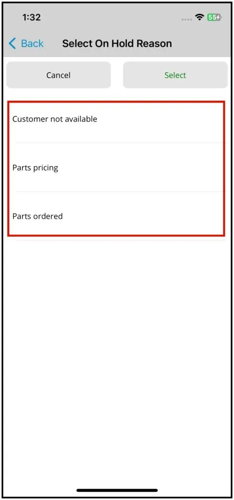 Choosing a hold reason and tapping Select
