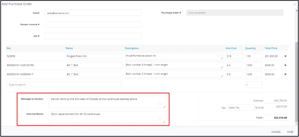 The Message to Vendor and Internal Memo fields