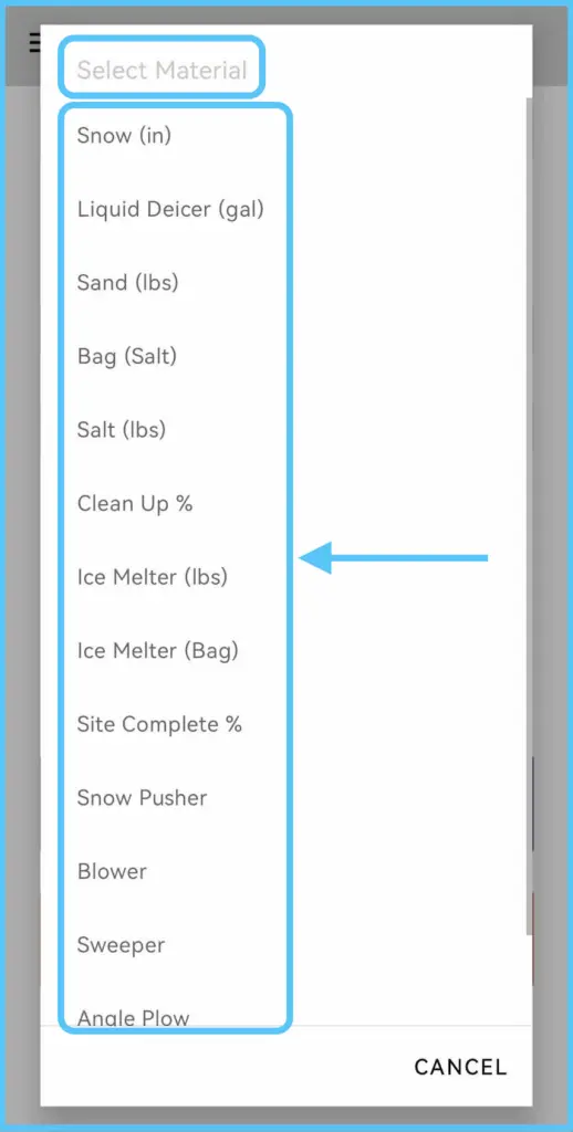 Choosing a material and entering the quantity