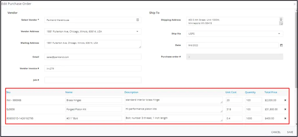 Updating the unit cost or quantity and adding an internal memo