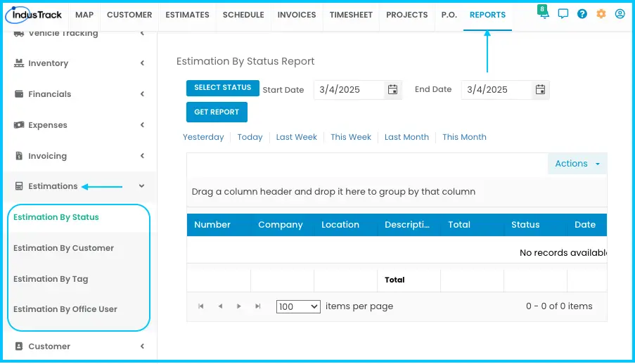 The Estimations reports drop-down