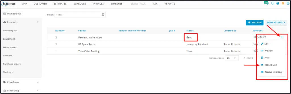 Resend Mail in the 3-dot menu of a sent purchase order