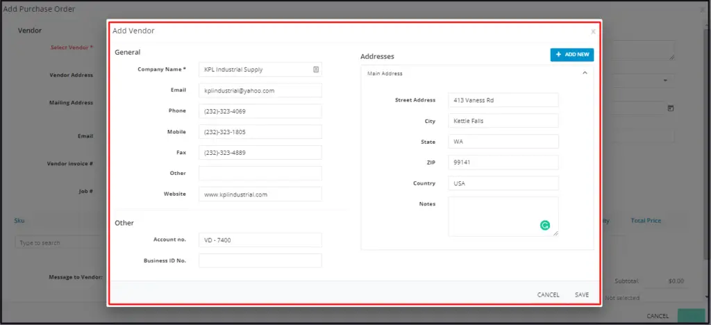 The Add Vendor window opened from a purchase order