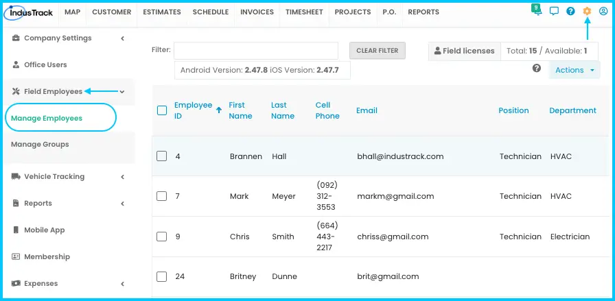 The Manage Employees page under Settings > Field Employees
