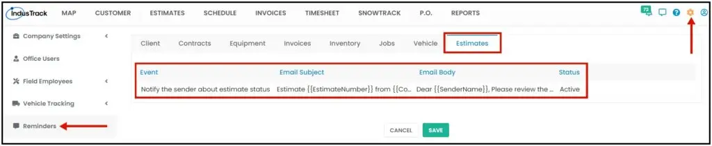 The Estimates tab in Reminders with Notify the sender about estimate status
