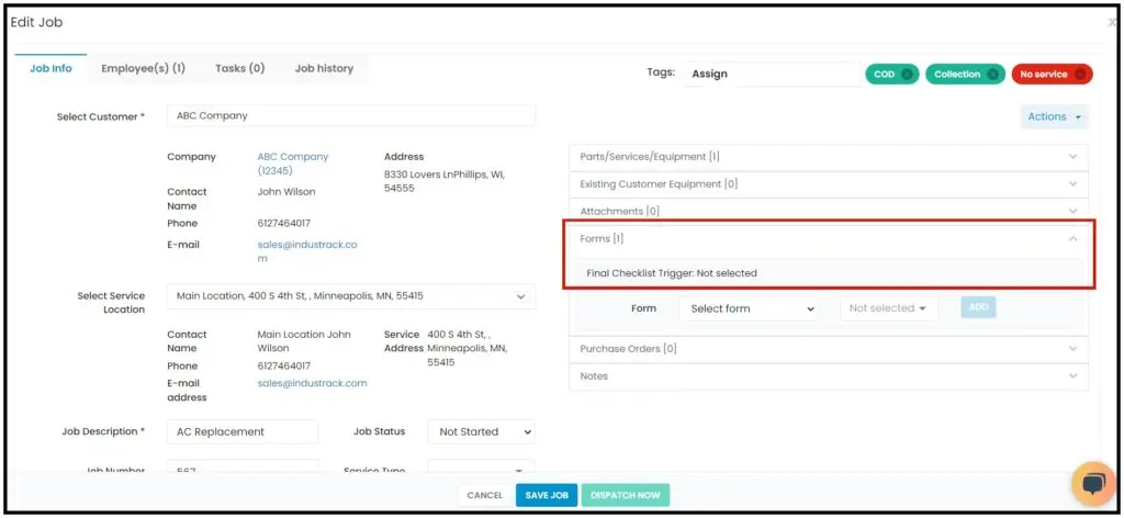 Attaching a form to a job without choosing a trigger