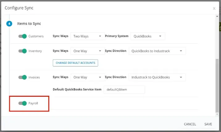 Enabling Payroll in the QuickBooks Configure Sync settings