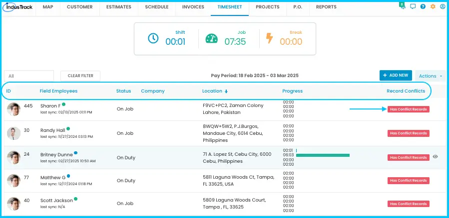 Has Conflict Records on the Timesheet page