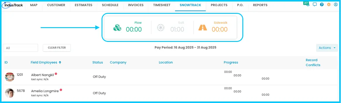 The SnowTrack dashboard with plow, salt and sidewalk time