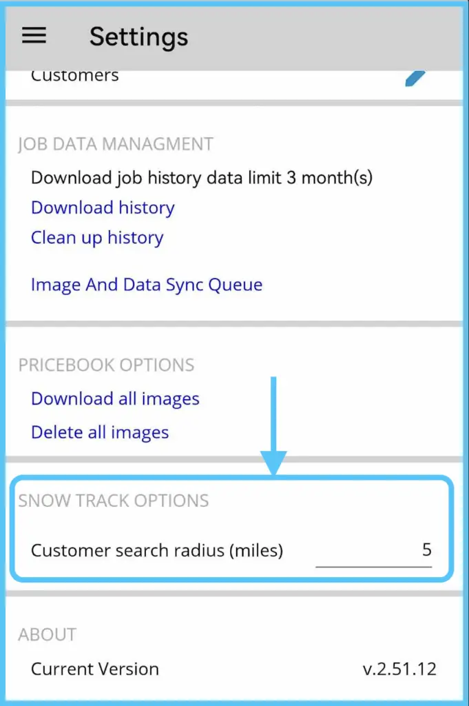 Customer Search Radius under SnowTrack Options in the app settings