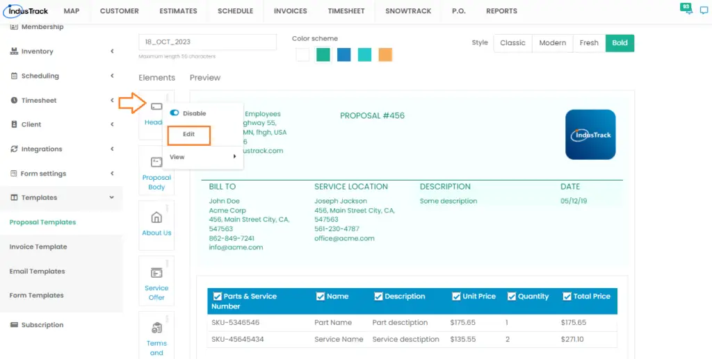 The Header element's three-dot menu with the Edit option