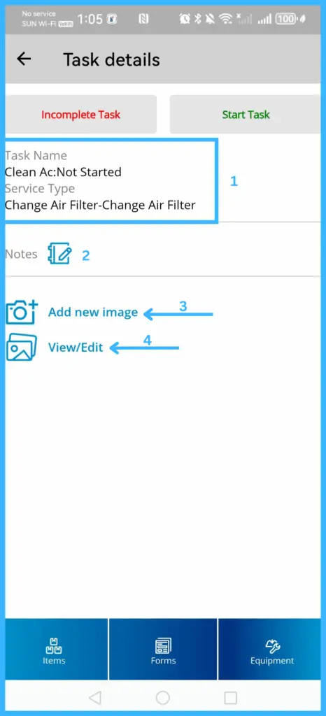 Task details with field note, images, and the Inventory Items, Forms and Equipment tabs