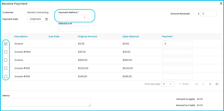 The Receive Payment window