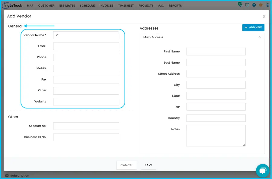 The vendor's general information fields