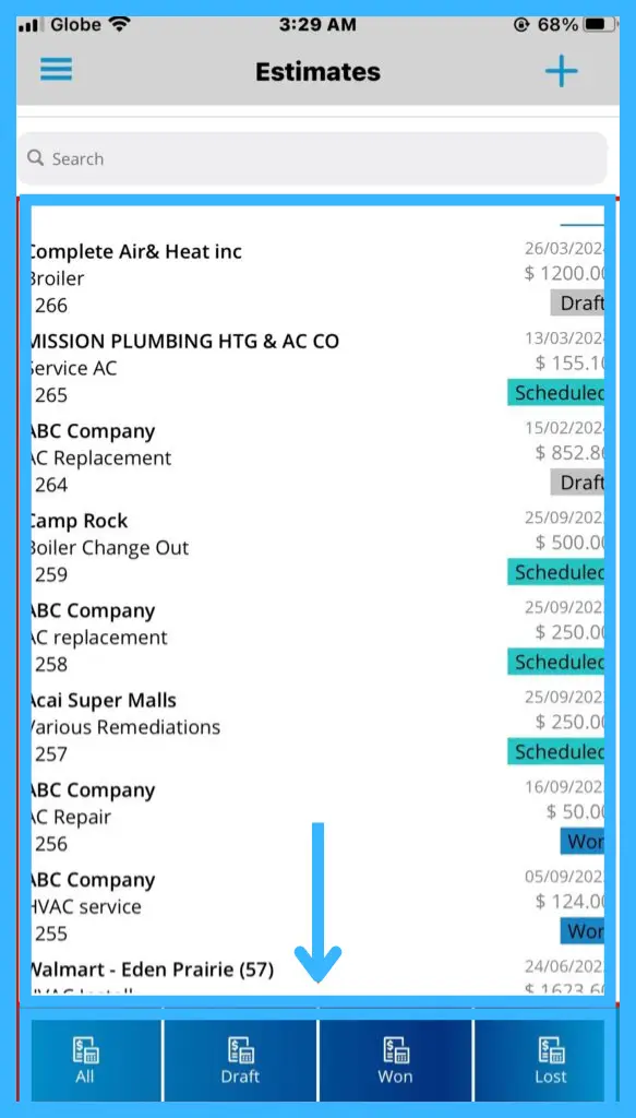 The Estimates page with the All, Draft, Won and Lost tabs