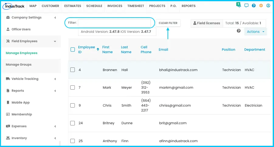 The filter bar for finding employees by ID or name
