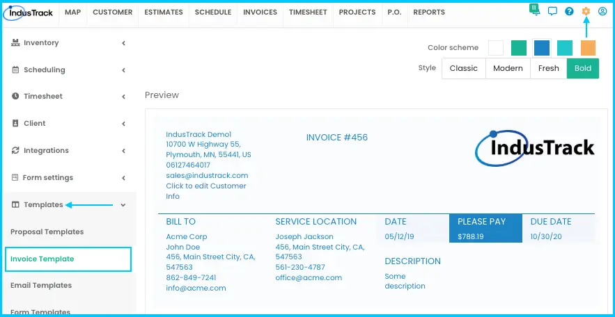 The Invoice Template Builder under Settings > Templates