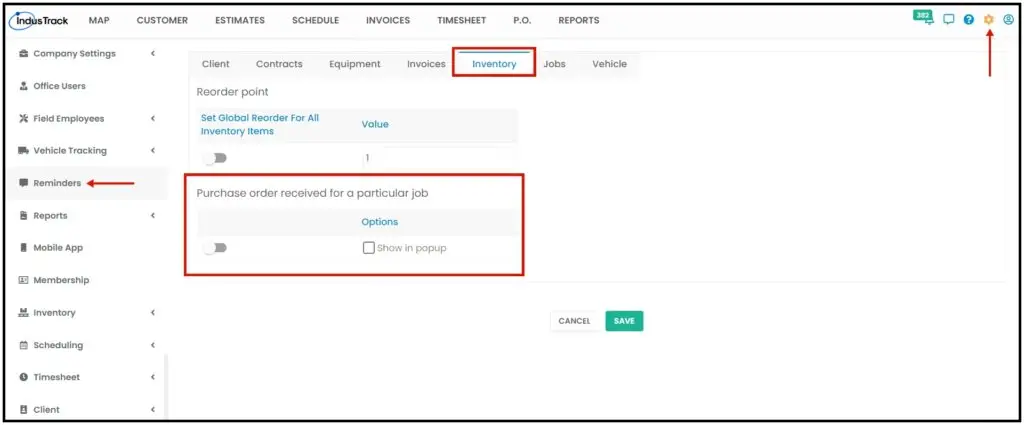 The reminder setting for a part received on a purchase order