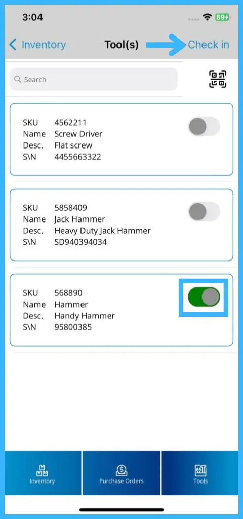 The toggle and Check-in option for a tool