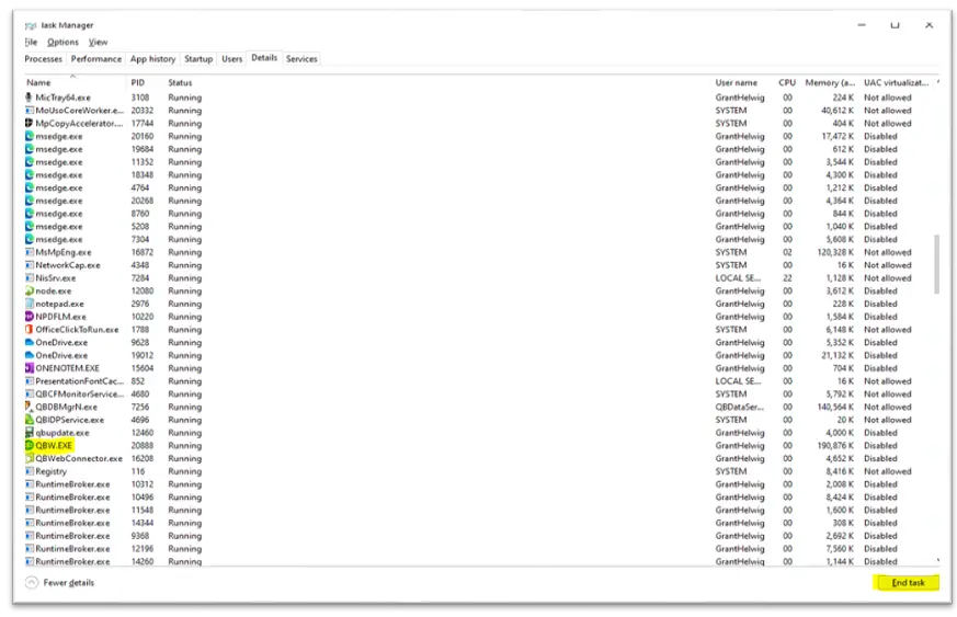 Ending the QBW.EXE task in Windows Task Manager