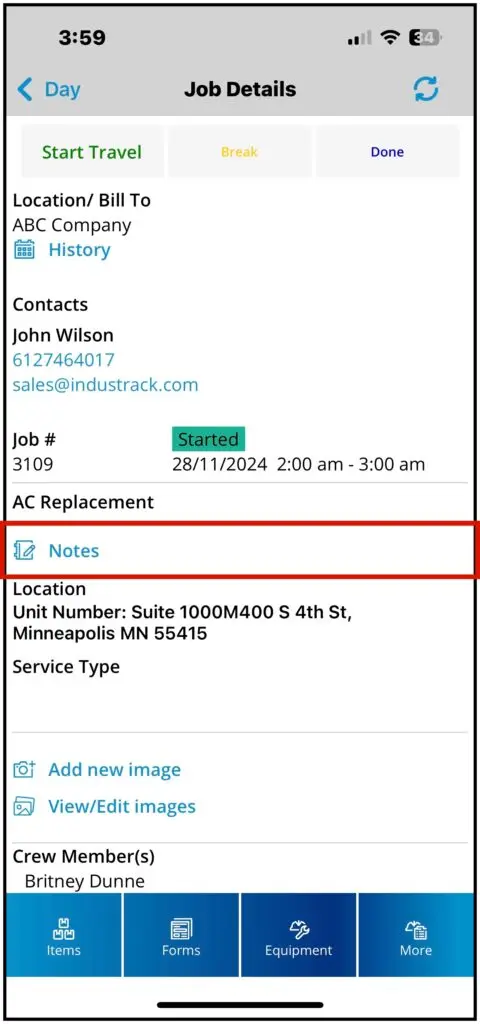 The Notes icon on the job details page