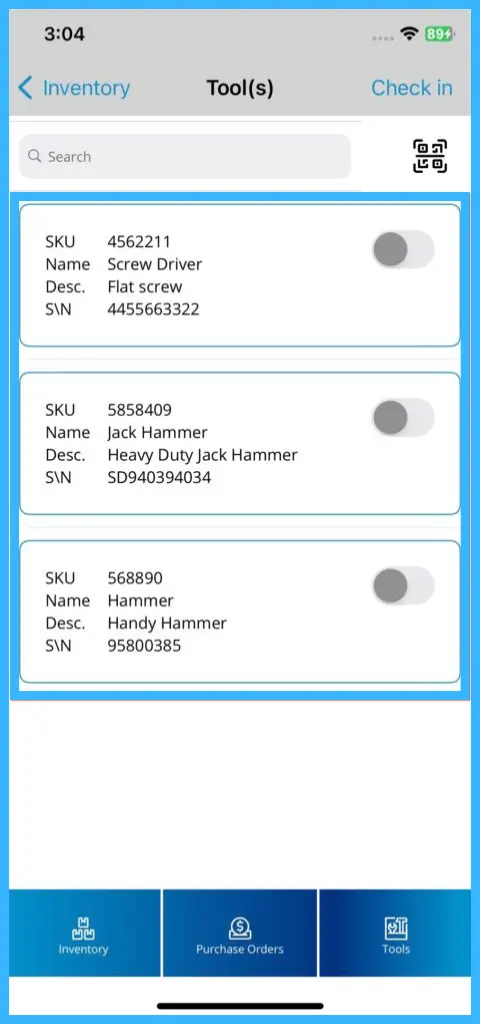The Tools page listing tool inventory