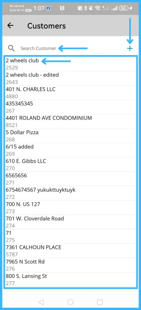 The customer list with the search bar and the plus icon