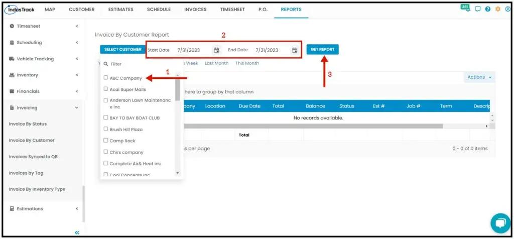 Choosing a customer and dates for Invoice By Customer