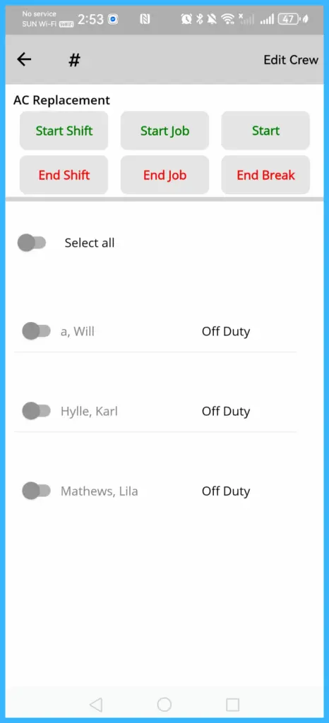 The crew members list