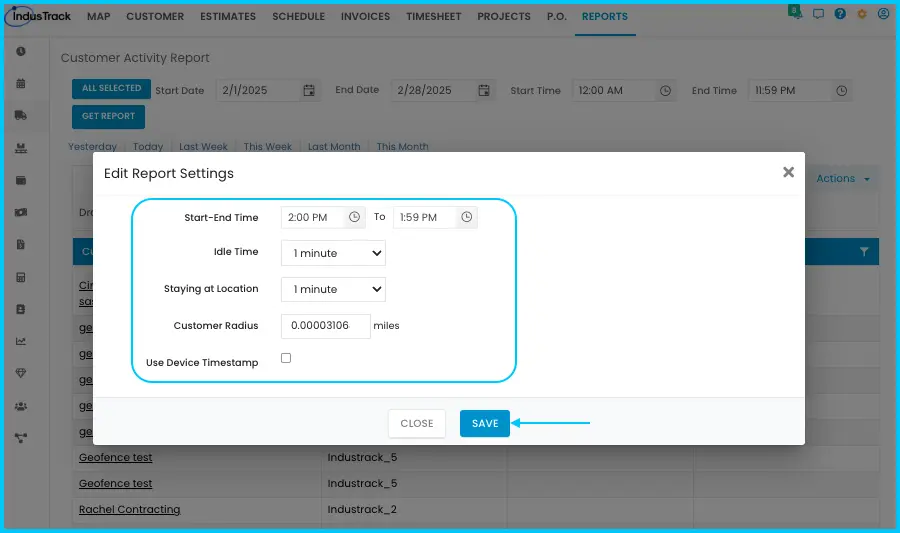 The Configure Report Settings window for the Customer Activity report